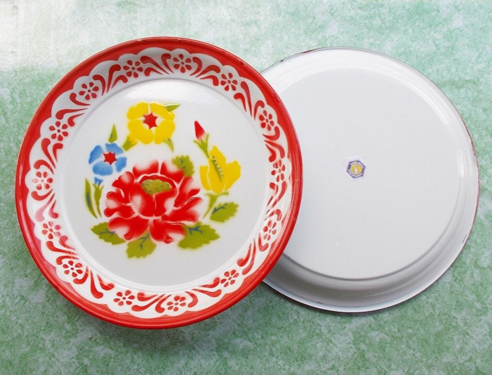 Plates Thai Enamel Ware Zinc Tray Dish 2 Set Pcs 15 Pan Etsy