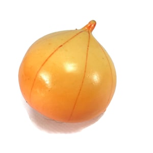 May include: A single, yellow onion with a slightly pointed top. The onion has a smooth, shiny surface and is slightly translucent.