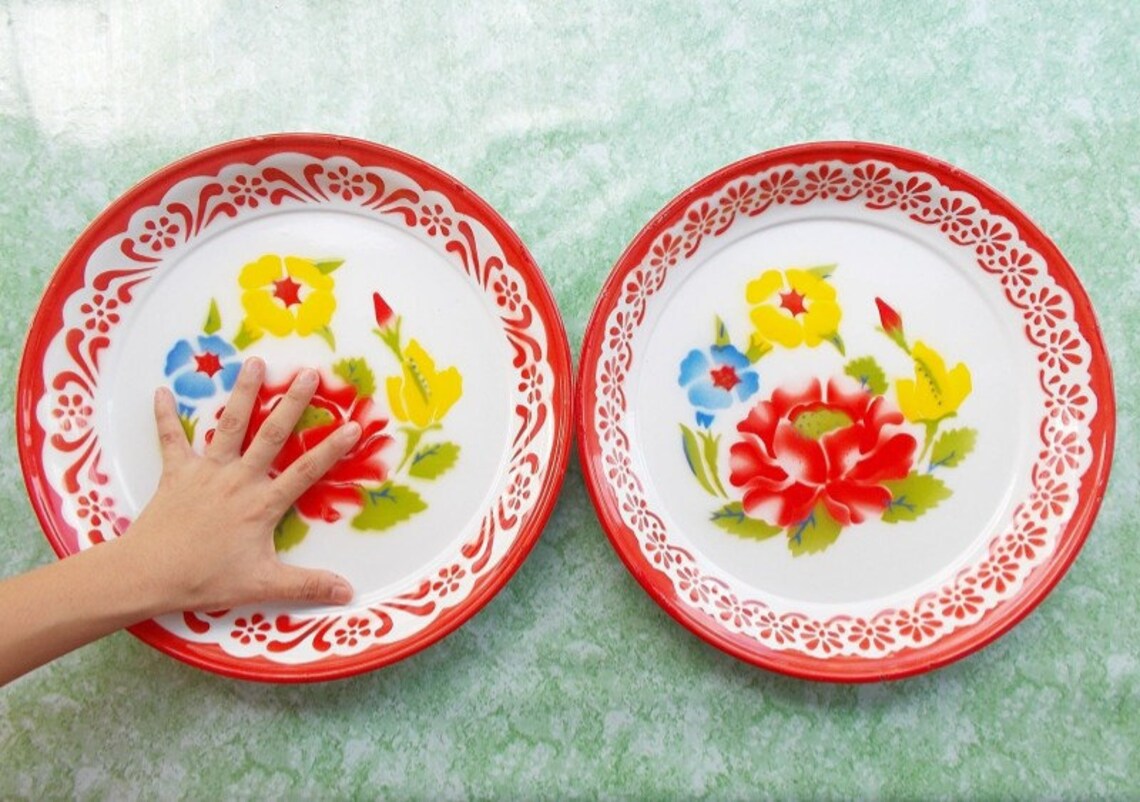 Plates Thai Enamel Ware Zinc Tray Dish 2 Set Pcs 15 Pan Vintage Antique