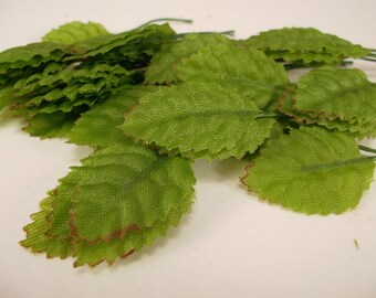 Silk Fake Leaves with Wire Stem, Green Brown Fabric Artificial Leaf for DIY Crafts, Wedding Bouquet, Hair Accessories Size #9