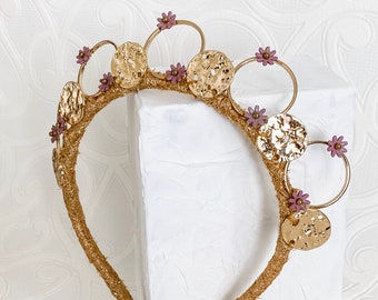 Gold Crown Fascinator Headpiece with Purple Flower Hoops