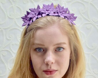 Purple leather flower crown fascinator headpiece headband