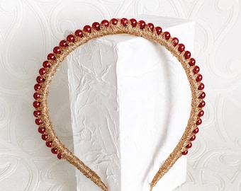 Pearl Headband, Crown, Headpiece, Fascinator, simple - Red