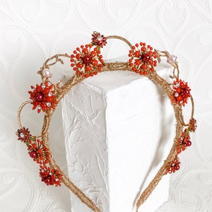 Gemstone Embellished Headband, Crown, Headpiece, Fascinator, simple - Red / Gold