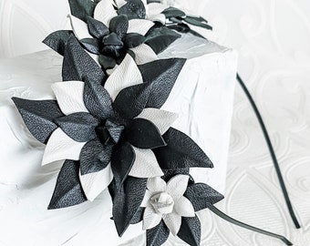 Black and White Leather Off-Centre Flower Crown Fascinator Headpiece