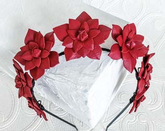 Leather Flower Crown, Fascinator, Headpiece, headband - Red