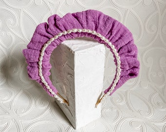 Linen & Freshwater Pearl Headband, Crown, Headpiece, Fascinator - Purple