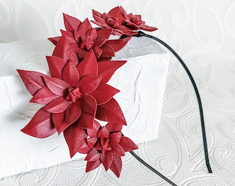 Red leather flower crown fascinator headpiece headband