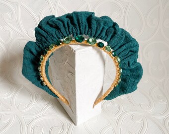 Linen & Gemstone / Jewel Headband, Crown, Headpiece, Fascinator - Green
