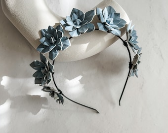 Leather Flower Crown, Fascinator, Headpiece, headband - Baby Blue