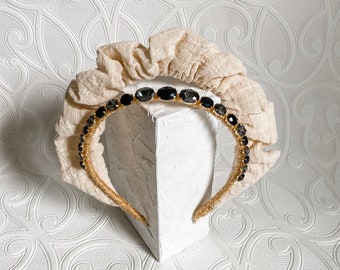 Linen & Gemstone / Jewel Headband, Crown, Headpiece, Fascinator - Natural / Black