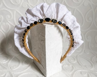 Linen & Gemstone / Jewel Headband, Crown, Headpiece, Fascinator - Black / White