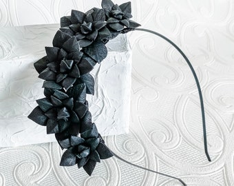 Leather Off-Centre Flower Crown, Fascinator, Headpiece, headband - Black