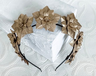 Leather Flower Crown, Fascinator, Headpiece, headband - Gold