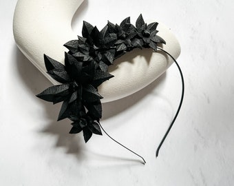 Black leather flower crown fascinator headpiece headband