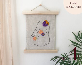Embroidered Wall Hanging | Embroidery, wall art, female line figure / drawing, abstract, pansies, floral