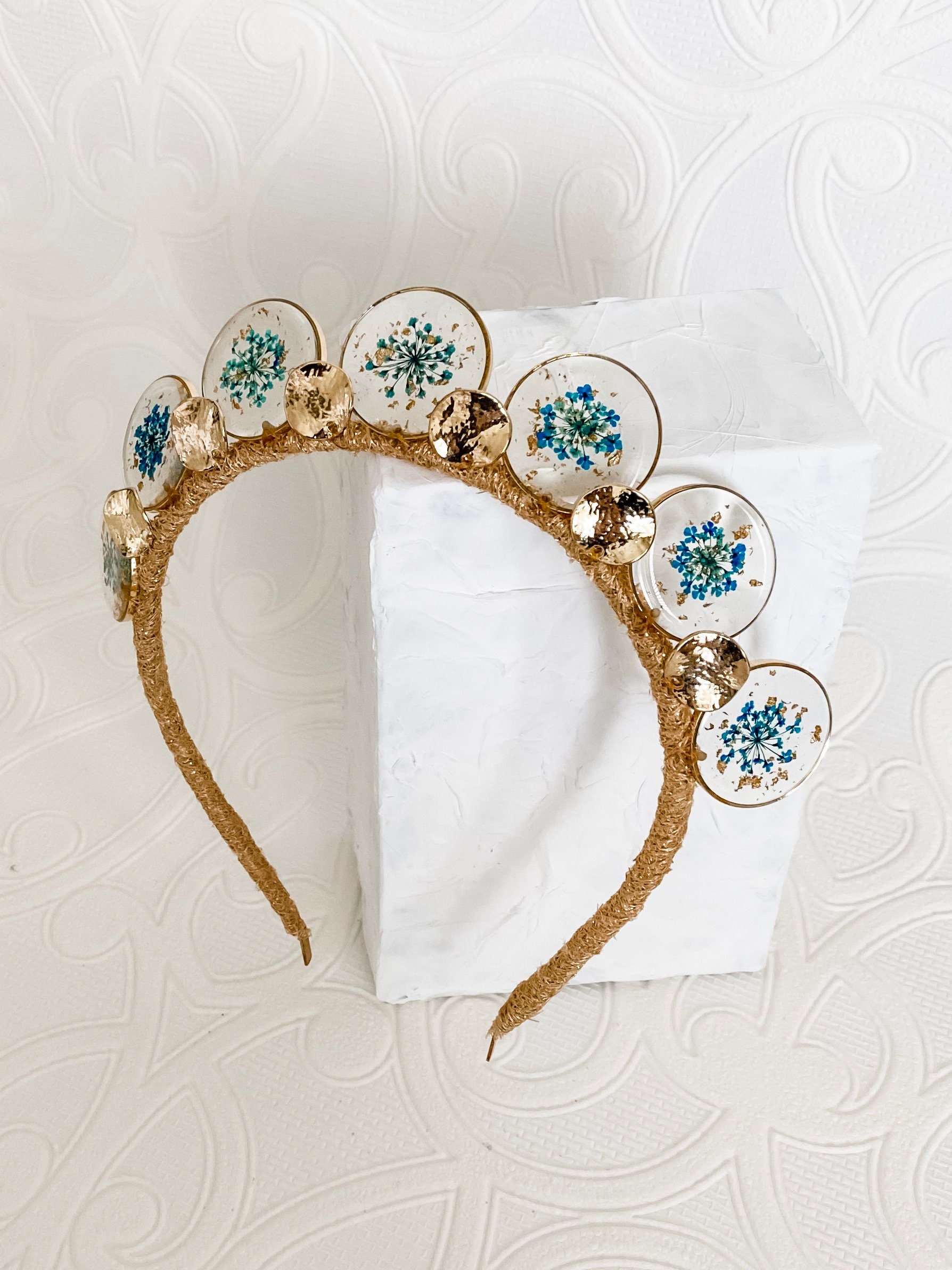 Gold Crown Fascinator Headpiece with Green Pressed Flowers and Etsy