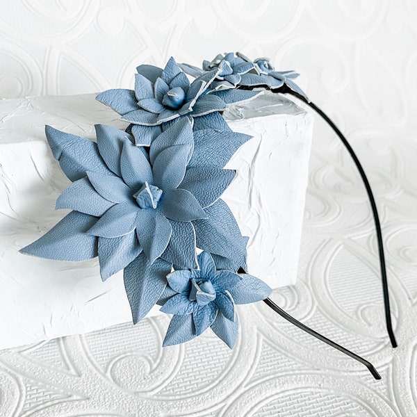 Baby Pastel Blue Leather Off-Centre Flower Crown Fascinator Headpiece