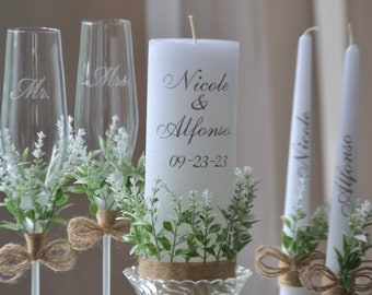 Rustic Wedding Glasses and unity candle set with greenery, Laser engraved toasting flutes for country wedding, Burlap wedding decor