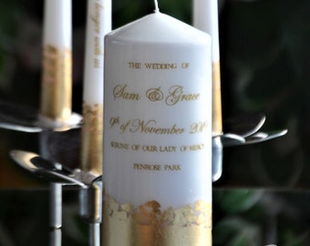 Gepersonaliseerde gouden bruiloftskaarsenset: met de hand versierde ceremoniekaarsen