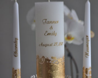 Gepersonaliseerde Unity Candle set voor bruiloften, Unity Candles voor bruid en bruidegom, Gold Unity Candle Set