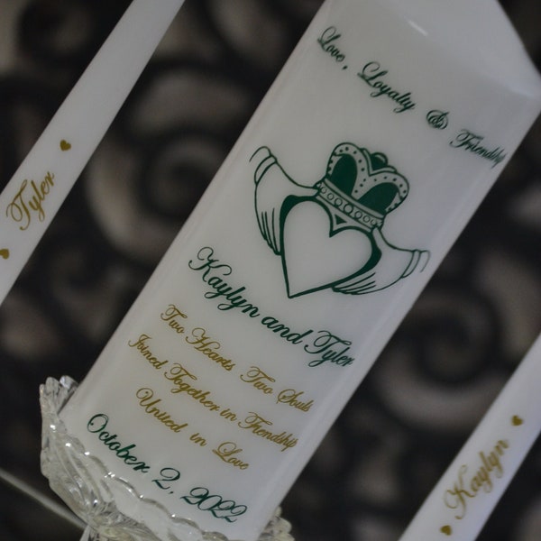 Celtic Unity Candle Set for Weddings with Claddagh Ring, Irish unity candles for wedding