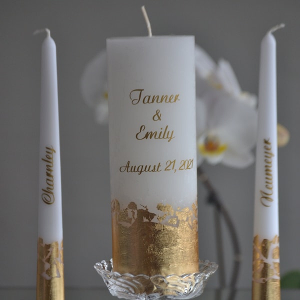 Personalized Unity Candle set for Weddings, Unity Candles for Bride and Groom, Gold Unity Candle Set