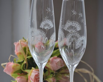 Wedding glasses with dandelions toasting flutes with Swarovski crystals - Set of 2 champagne glasses