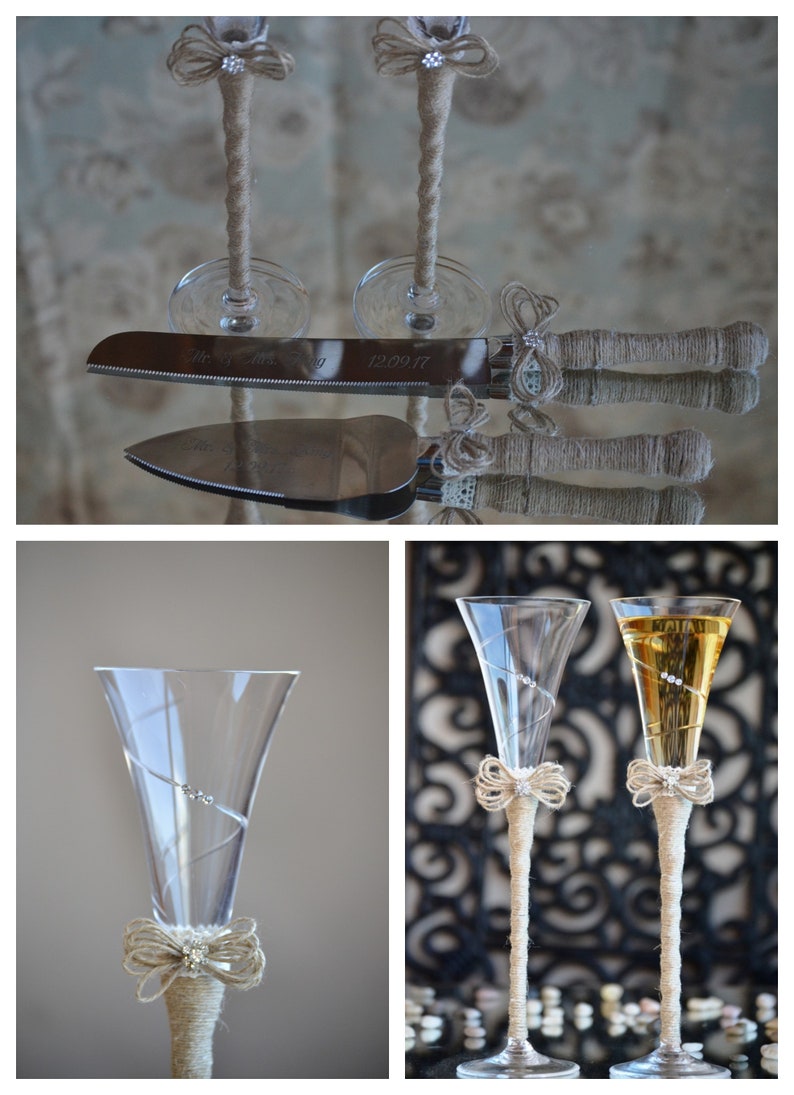 Rustic Wedding Set Toasting flutes and Cake Serving Set Etsy