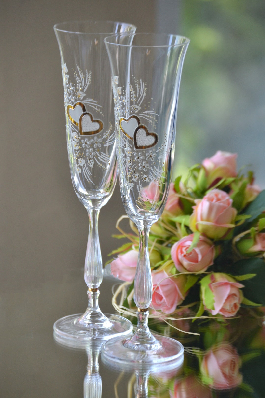 Custom Wedding Glasses, Handpainted Glasses With Gold Hearts Wedding