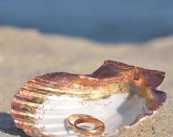 Hand Decorated Shell Ring Tray: Rose Gold Beach Wedding Ring Holder