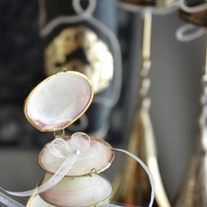 May include: A white seashell ring box with a gold trim, open to reveal a white satin bow and a single pearl. The box is sitting on a reflective surface.