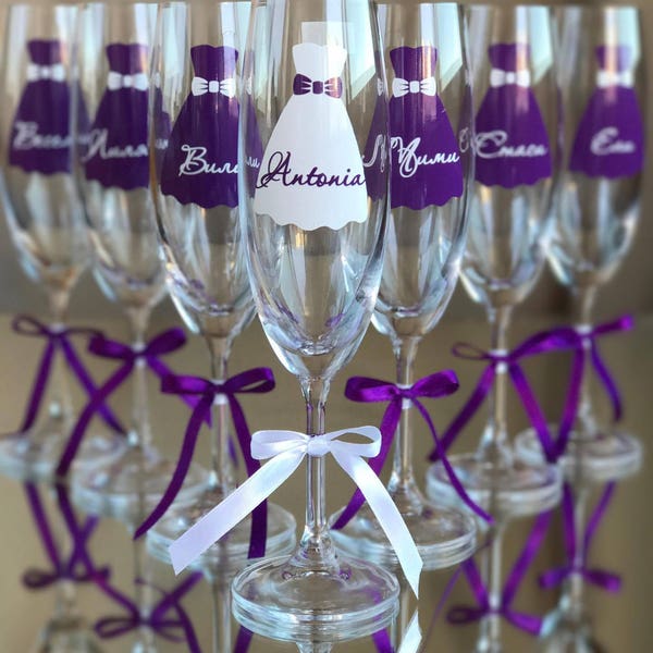 Personalized Bridesmaids Glasses, Purple Bachelorette Party Gifts, Team Bride Champagne Flutes, Bridal Shower Glasses, Bridesmaids Gift Set