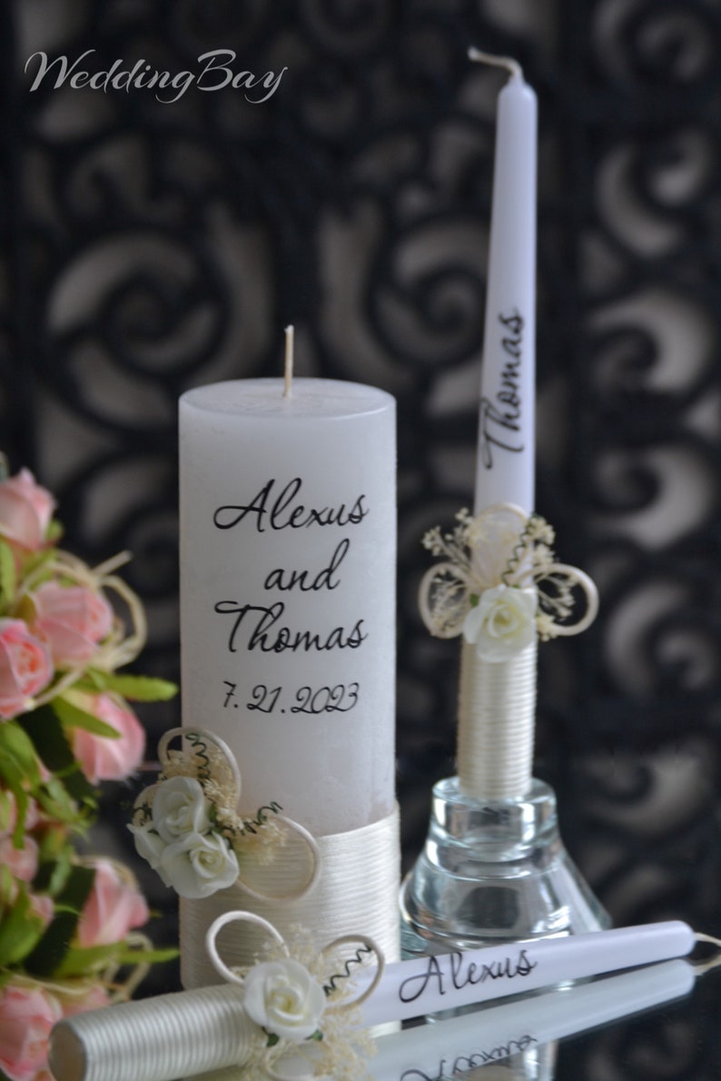 Unity candle set with flowers, Personalized unity candle set, Rustic wedding candle set, Wedding candles and holders unity set Black