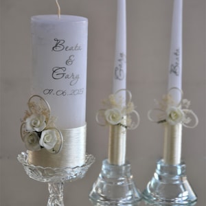 Unity candle set with flowers, Personalized unity candle set, Rustic wedding candle set, Wedding candles and holders unity set image 1