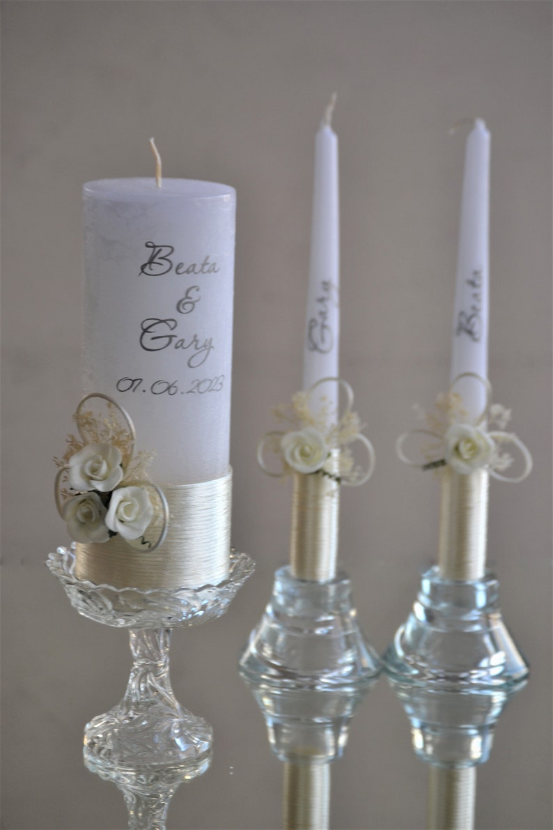 Unity candle set with flowers, Personalized unity candle set, Rustic wedding candle set, Wedding candles and holders unity set image 1