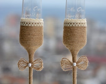 Twine-wrapped wedding glasses for Bride and Groom, Boho decor for forest wedding, Save the date gift,