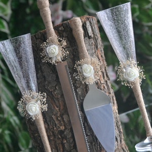 Bride and Groom Rustic Glasses and Cake Serving set Wedding Party Burlap Set, Rustic flute glass Rustic cake servingset, Barn wedding ideas image 8