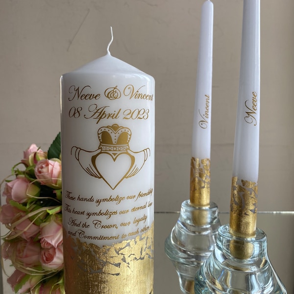 Irish wedding Unity Candle set, Gold Unity Candle Set with hands holding a heart with a crown, Irish Celtic wedding candle set