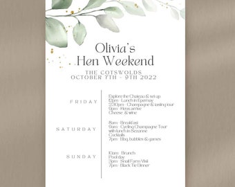 Foliage Hen Party Itinerary Card - Digital Download Template