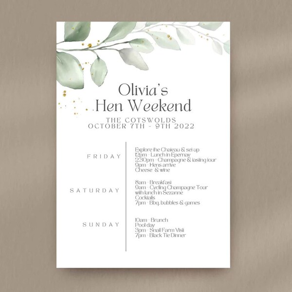 Foliage Hen Party Itinerary Card - Digital Download Template