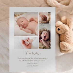 Faire-part de bébé avec collage photo et modèle de toile de carte de remerciement - modèle modifiable en téléchargement numérique,