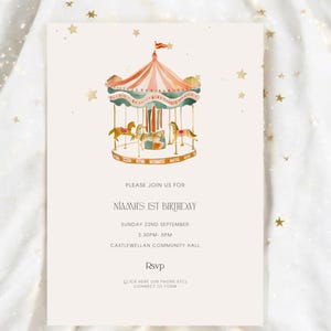 Invitación para el primer cumpleaños de Niamh Carousel y plantilla Canva para dispositivos móviles, diseño personalizado de 5 x 7, invitación digital editable para tu celebración