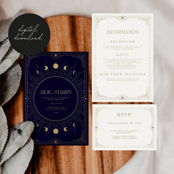 Digital Invitation Set, Celestial Wedding Invite Set, Invitation Template, Tarot Wedding Invitation, Digital Download, Celestial Template