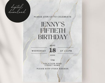 Elegant 50th Birthday Invitation Template - Marbled Design - Digital Download