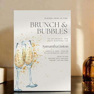 Zaproszenie na urodziny Brunch And Bubbles i mobilny szablon Canva - 5x7” Dostosowywalny szablon zaproszenia na imprezę na uroczystości