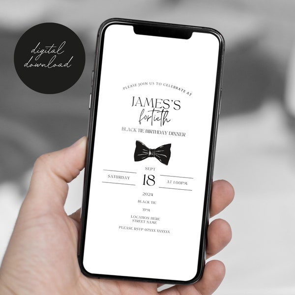 Mobile Invite, Black Tie Invite, Digital Birthday Invite, Birthday Invitation, Black Tie Birthday, Black Tie Event, Mobile Birthday Invite