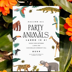 Lando Party Tiere Geburtstagseinladung | Anpassbare Safari Jungle Tier Vorlage | 5x7 "Canva Design