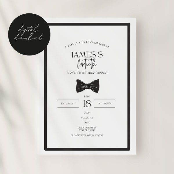 Elegant Black Tie Birthday Party Invitation Template - Digital Download