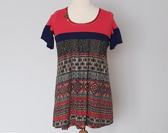 Upcycled tunic top, Upcycled clothing for women, Aztec print top, Tunics for women, Womens long tops, Upcycled boho shirt, Patchwork tunic,
